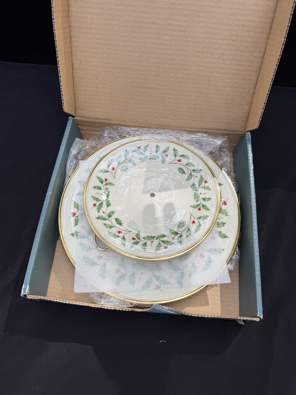 Lenox Holiday Two Tier Tidbit Dessert Stand Holly Pattern Complete Set In Box